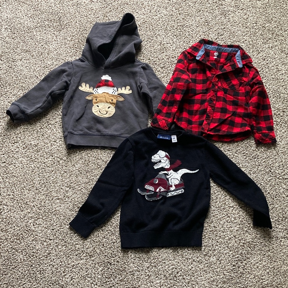 Christmas Hoodie, flannel button up and Dino Sweater Set